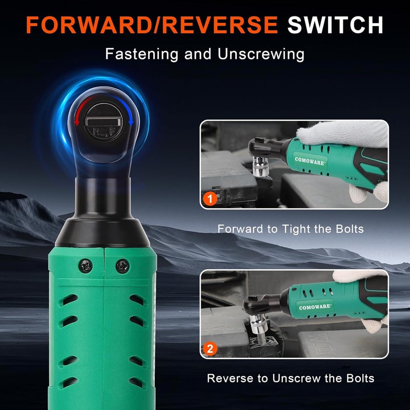 COMOWARE 3/8 Cordless Electric Ratchet Wrench Kit, 40ft-lbs Torque, 12V Power, 8 Sockets, LED Light, Fast Charger, Ergonomic Design - Image 4